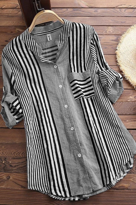 Blouse femme – Coupe ample – Rayée – Col montant – Manches 3/4 – Tissu respirant