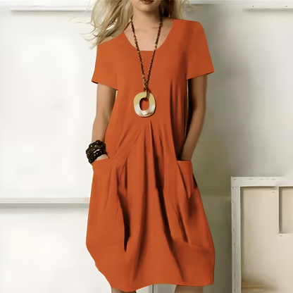 Robe midi femme – Coupe droite – Tissu respirant – Manches courtes – Poches latérales