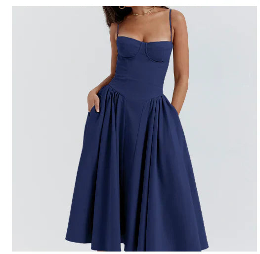 Robe Midi Femme - Bretelles Fines - Coupe Cintrée - Fluide et Élégante