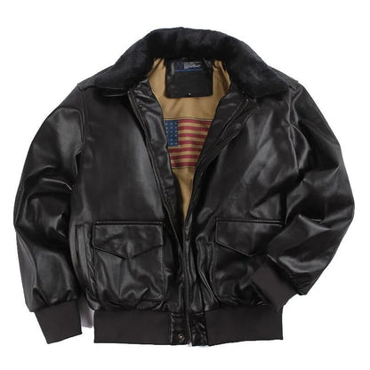 Blouson en cuir homme – Coupe régulière – Style vintage – Poignets côtelés – Zip frontal