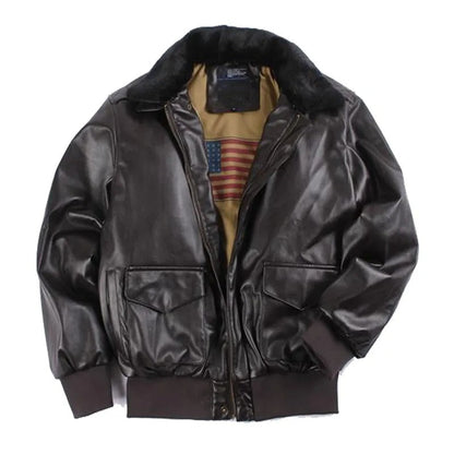 Blouson en cuir homme – Coupe régulière – Style vintage – Poignets côtelés – Zip frontal