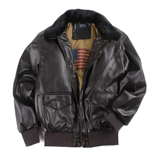 Blouson en cuir homme – Coupe régulière – Style vintage – Poignets côtelés – Zip frontal