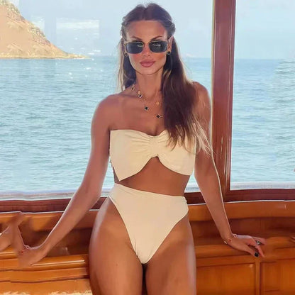 Maillot de Bain Femme Deux Pièces – Bandeau Sans Bretelles – Taille Haute – Nœud Chic