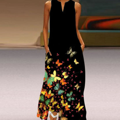 Robe Longue Femme - Sans Manches - Col Fendu - Motif Papillon - Élégante et Fluide