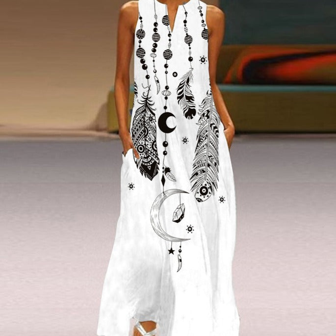 Robe Longue Femme - Sans Manches - Col Fendu - Motif Papillon - Élégante et Fluide