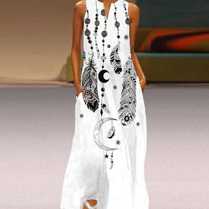 Robe Longue Femme - Sans Manches - Col Fendu - Motif Papillon - Élégante et Fluide