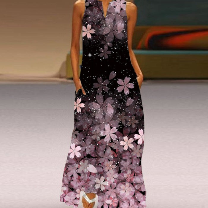 Robe Longue Femme - Sans Manches - Col Fendu - Motif Papillon - Élégante et Fluide