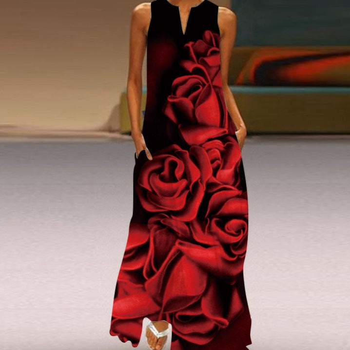 Robe Longue Femme - Sans Manches - Col Fendu - Motif Papillon - Élégante et Fluide