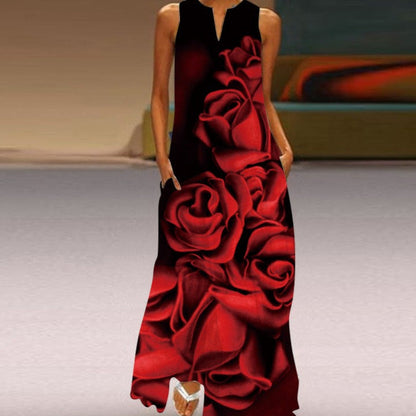 Robe Longue Femme - Sans Manches - Col Fendu - Motif Papillon - Élégante et Fluide