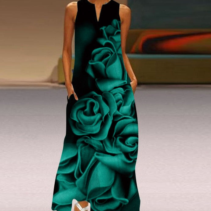 Robe Longue Femme - Sans Manches - Col Fendu - Motif Papillon - Élégante et Fluide