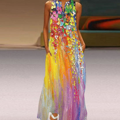 Robe Longue Femme - Sans Manches - Col Fendu - Motif Papillon - Élégante et Fluide