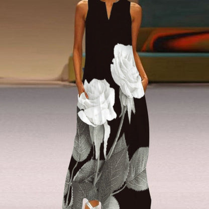 Robe Longue Femme - Sans Manches - Col Fendu - Motif Papillon - Élégante et Fluide