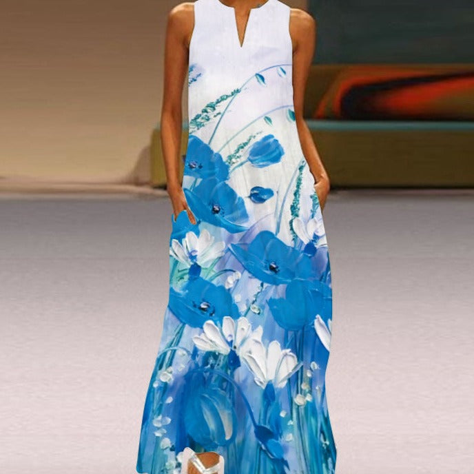 Robe Longue Femme - Sans Manches - Col Fendu - Motif Papillon - Élégante et Fluide