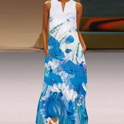 Robe Longue Femme - Sans Manches - Col Fendu - Motif Papillon - Élégante et Fluide