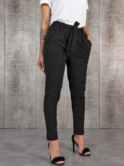 Femme Pantalon - Tissu Tissé Extensible - Taille Haute - Coupe Slim - Ceinture Nouée