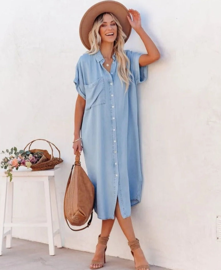 Robe chemise femme – Coupe décontractée – Manches courtes – Tissu respirant doux