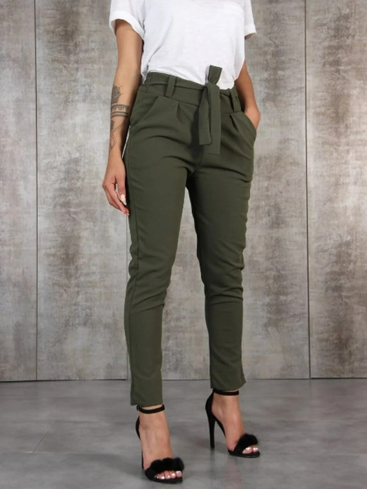 Femme Pantalon - Tissu Tissé Extensible - Taille Haute - Coupe Slim - Ceinture Nouée