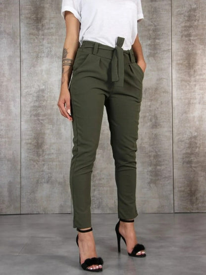 Femme Pantalon - Tissu Tissé Extensible - Taille Haute - Coupe Slim - Ceinture Nouée