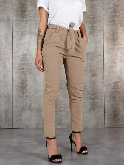 Femme Pantalon - Tissu Tissé Extensible - Taille Haute - Coupe Slim - Ceinture Nouée