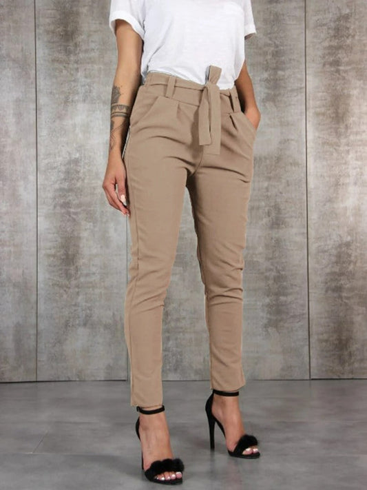 Femme Pantalon - Tissu Tissé Extensible - Taille Haute - Coupe Slim - Ceinture Nouée