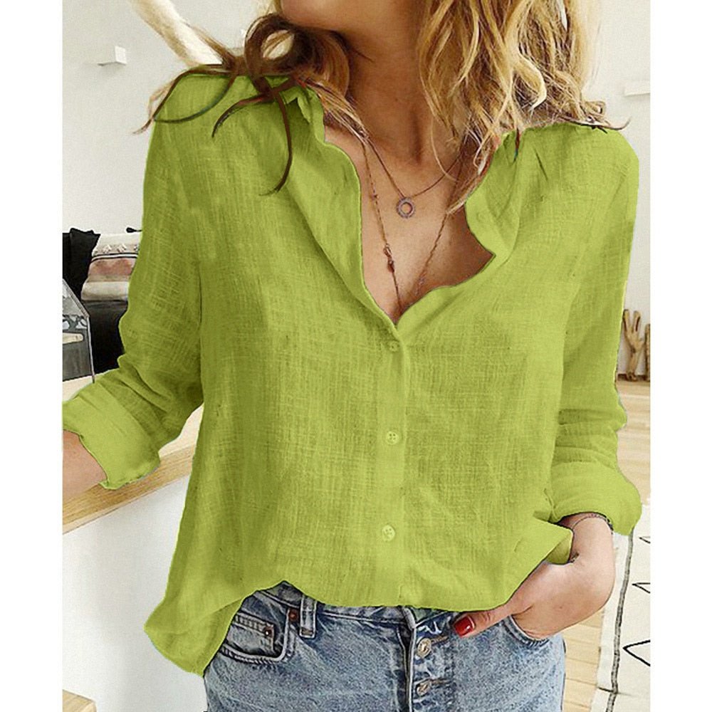 Blouse femme – Coupe décontractée – Tissu respirant – Manches retroussées – Boutonnée