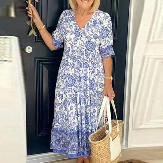 Women’s Floral V-Neck Midi Dress with 3/4 Sleeves