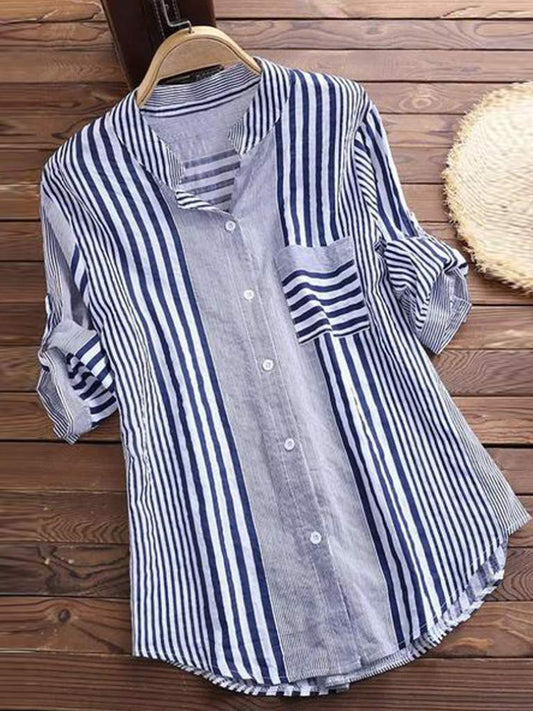 Blouse femme – Coupe ample – Tissu respirant – Rayures – Manches longues – Poche poitrine