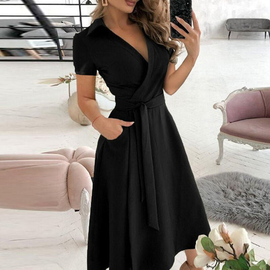 Robe Midi Femme – Coupe Portefeuille – Taille Ceinturée – Manches Courtes – Tissu Respirant
