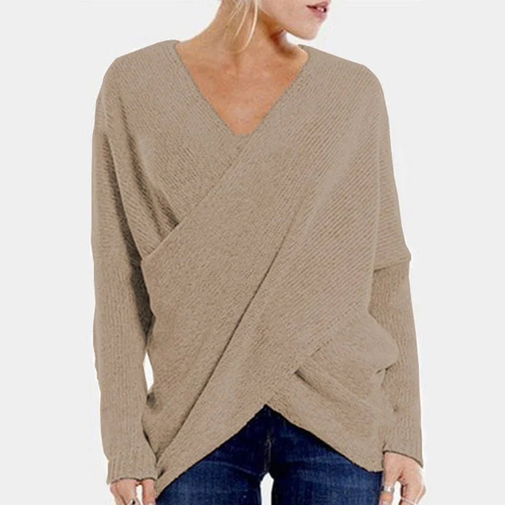 Pull femme – Coupe oversize – Devant croisé – Maille côtelée – Mélange laine