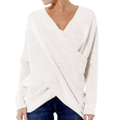 Pull femme – Coupe oversize – Devant croisé – Maille côtelée – Mélange laine