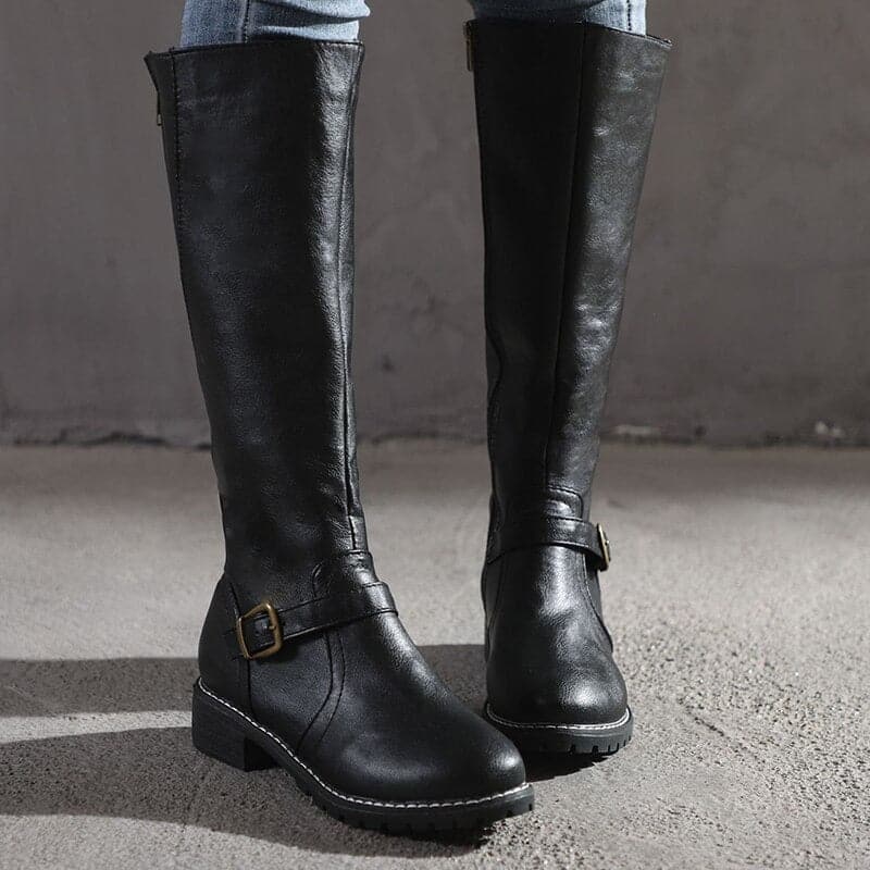 Bottes hautes femme - Cuir élégant - Talon bloc confort - Bride et boucle