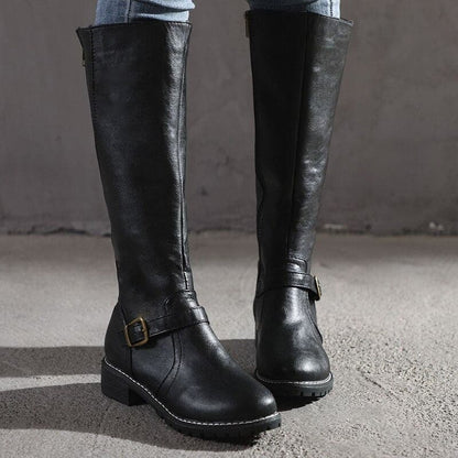 Bottes hautes femme - Cuir élégant - Talon bloc confort - Bride et boucle