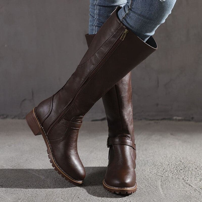 Bottes hautes femme - Cuir élégant - Talon bloc confort - Bride et boucle