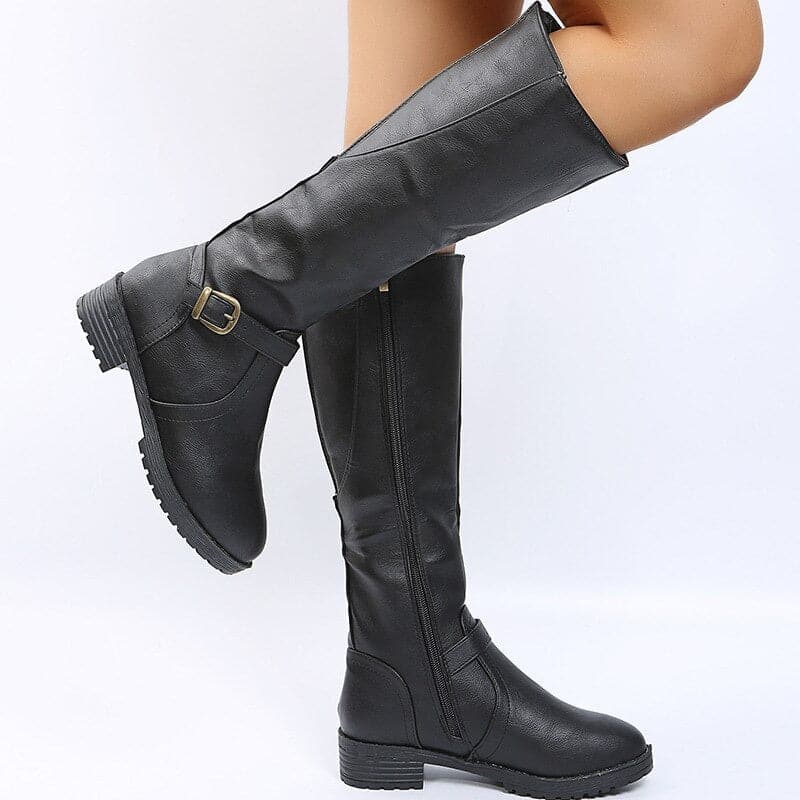 Bottes hautes femme - Cuir élégant - Talon bloc confort - Bride et boucle