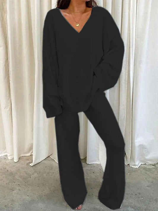 Ensemble de détente femme – Maille douce – Haut col V manches longues – Pantalon droit