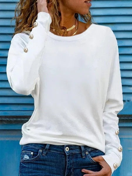 T-shirt femme manches longues – Coupe décontractée – Maille douce – Détail bouton